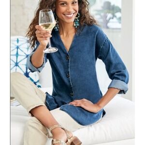 Soft Surroundings Wendy Tencel Button Up Shirt Chambray Shirt Size M Lagenlook